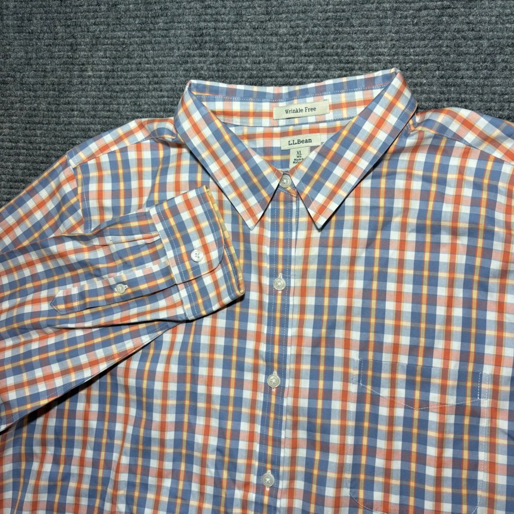 LL Bean Mens XL Regular Wrinkle Free Plaid Button Down Shirt Orange Blue 503436‎